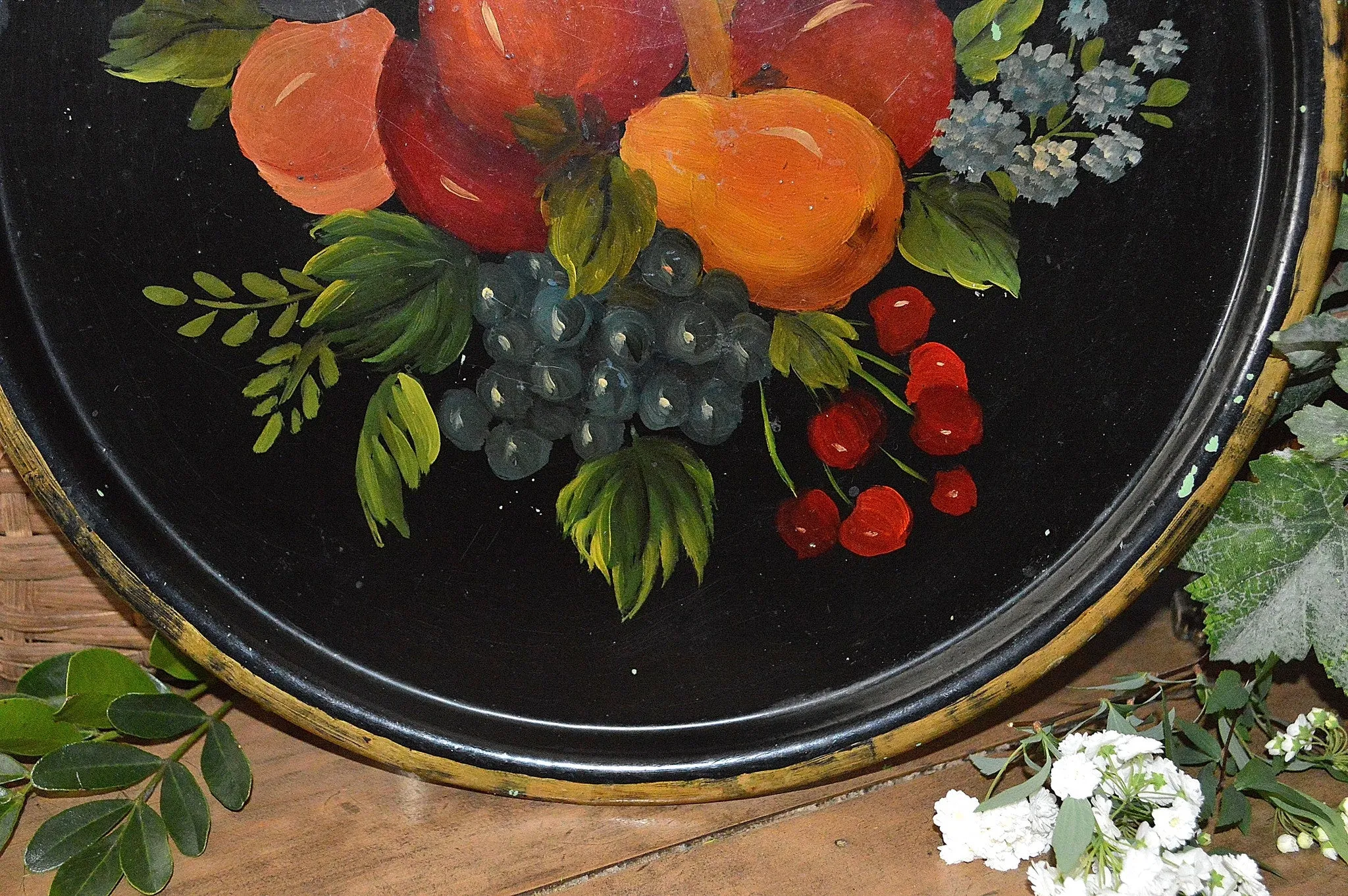 Antique Black Tole Tray Fruit and Flowers