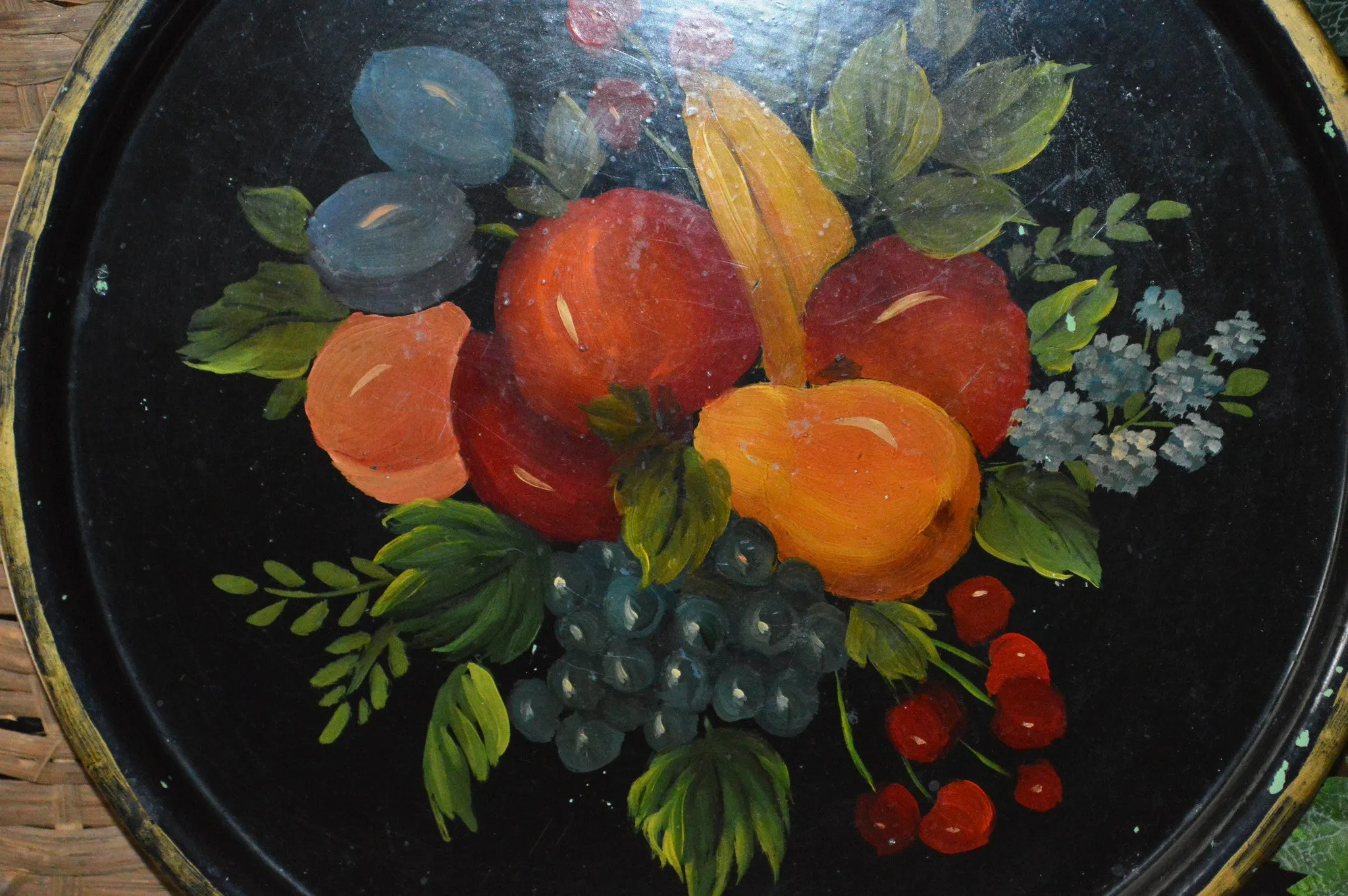 Antique Black Tole Tray Fruit and Flowers