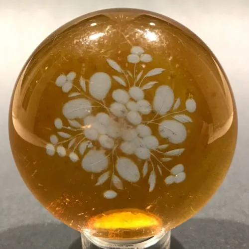 Antique Bohemian Art Glass Paperweight Etched Amber Flash Flower Bouque
