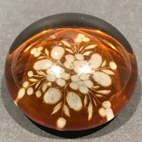 Antique Bohemian Art Glass Paperweight Etched Amber Flash Flower Bouque