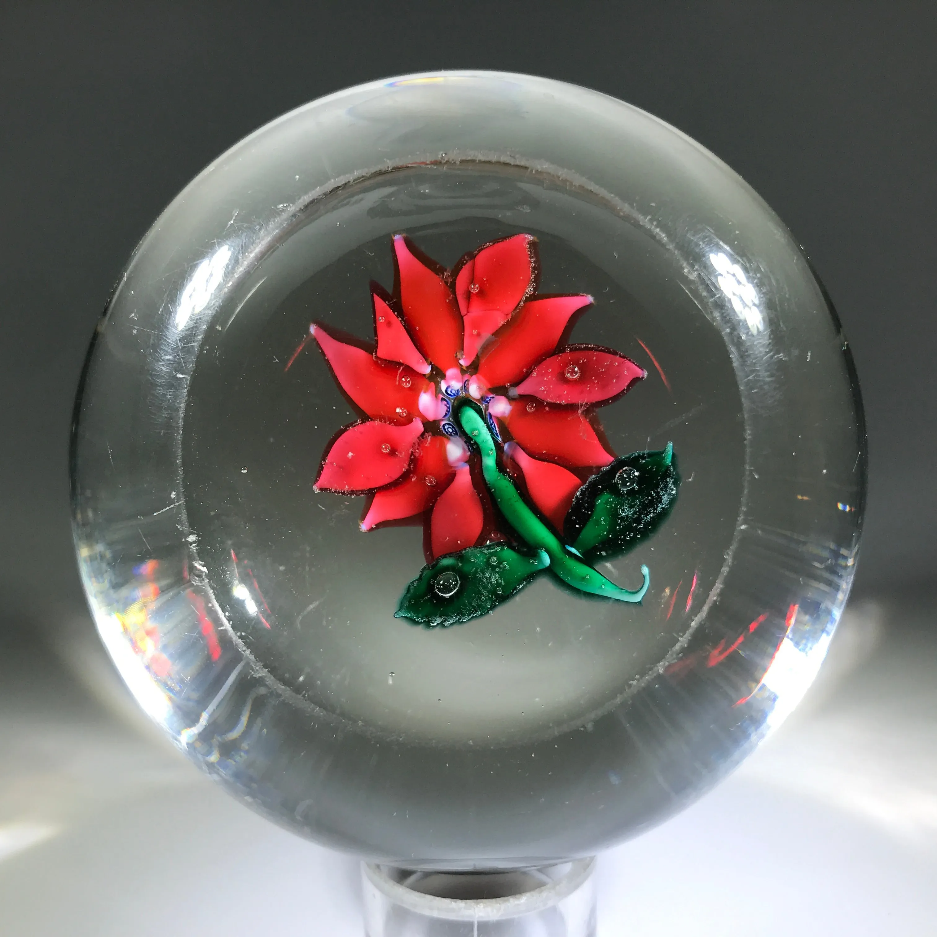 Antique Boston & Sandwich Art Glass Paperweight Lampwork Poinsettia Millefiori Center