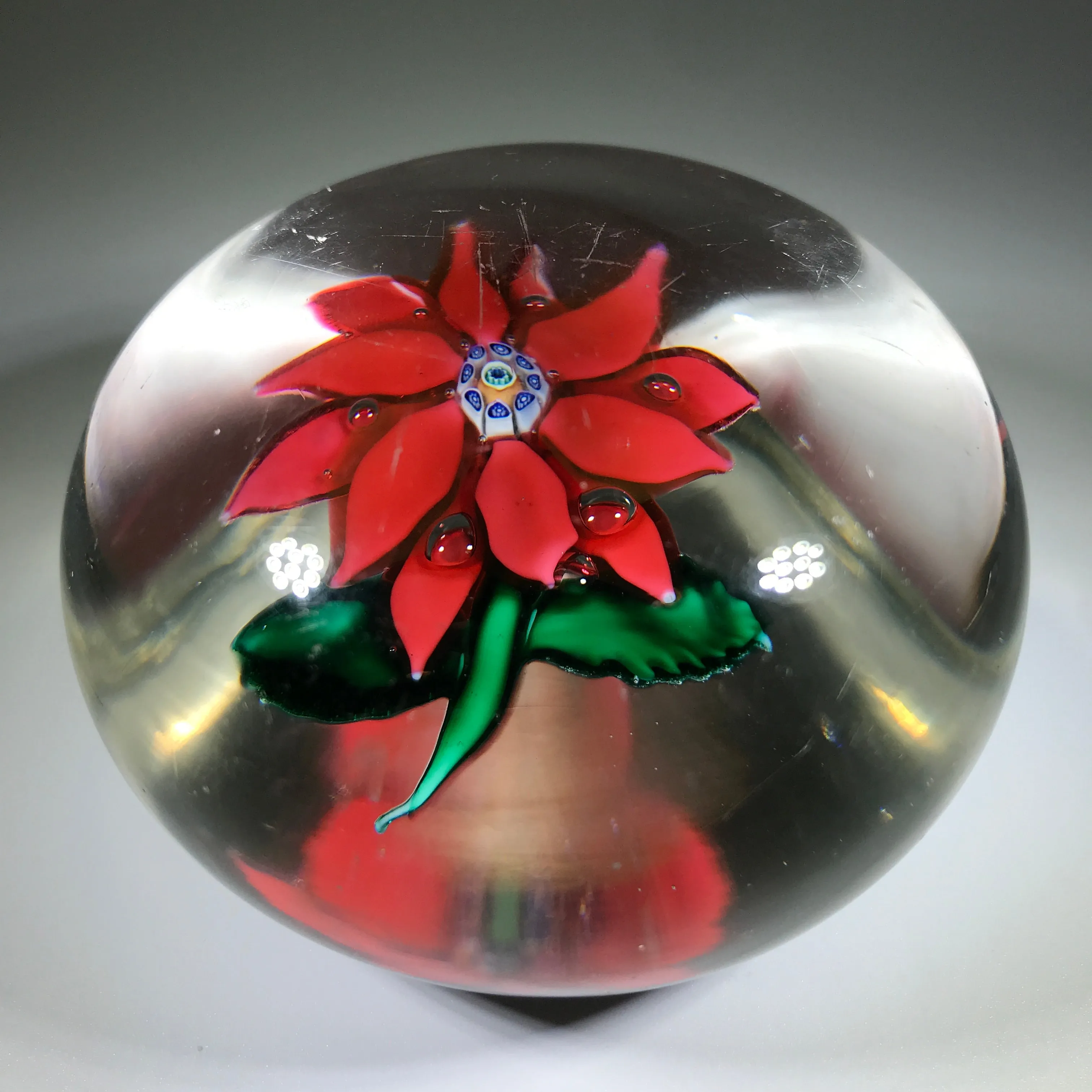 Antique Boston & Sandwich Art Glass Paperweight Lampwork Poinsettia Millefiori Center