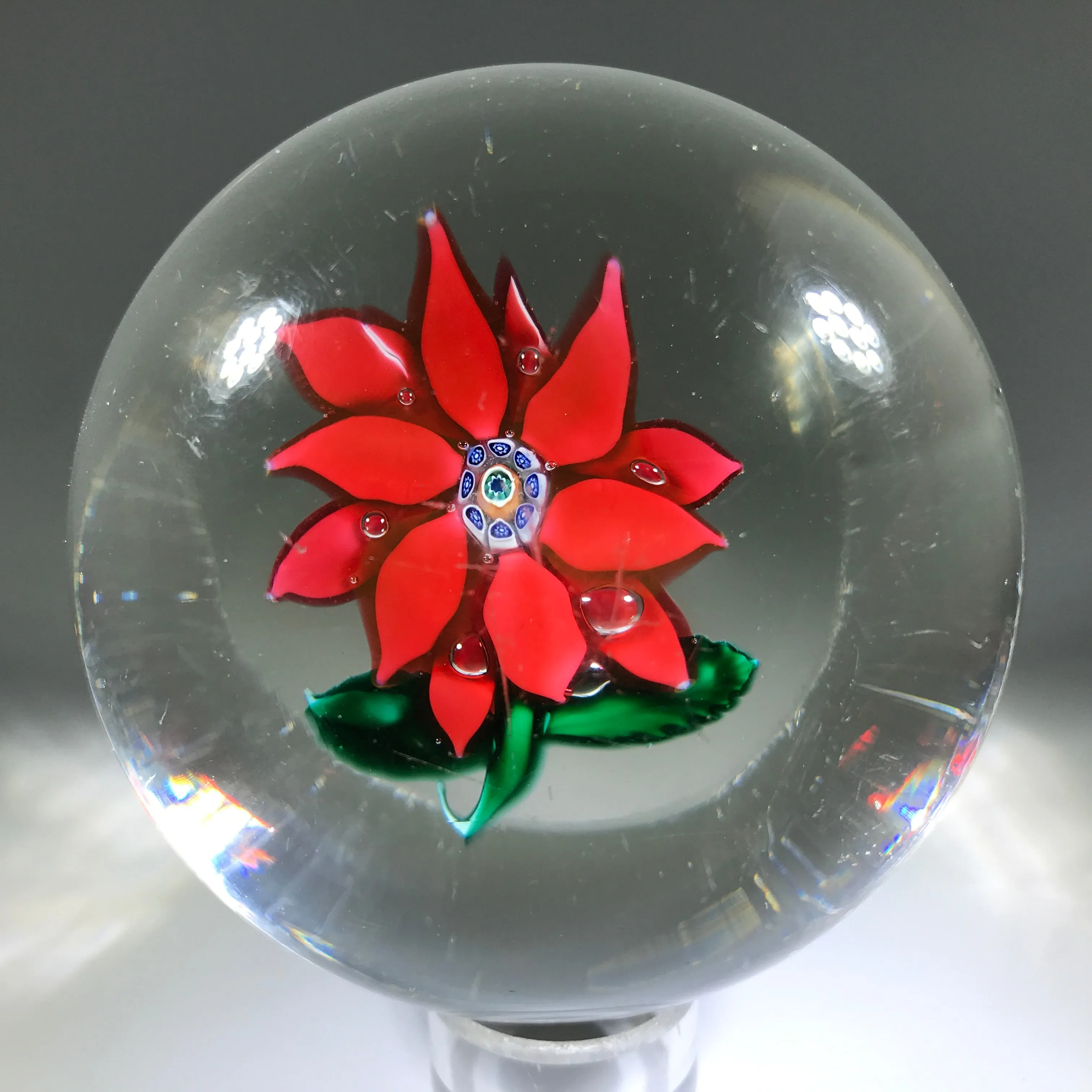 Antique Boston & Sandwich Art Glass Paperweight Lampwork Poinsettia Millefiori Center