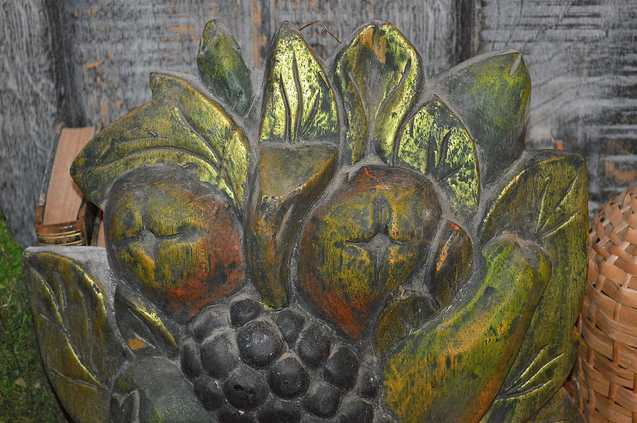 Antique Carved Wood Fruit Wall Plaque Decoration Gilded Painted