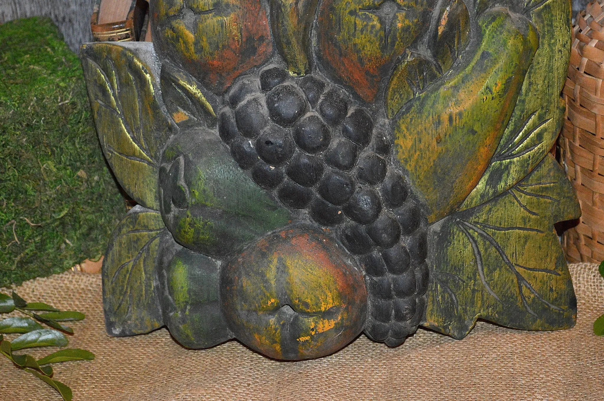 Antique Carved Wood Fruit Wall Plaque Decoration Gilded Painted