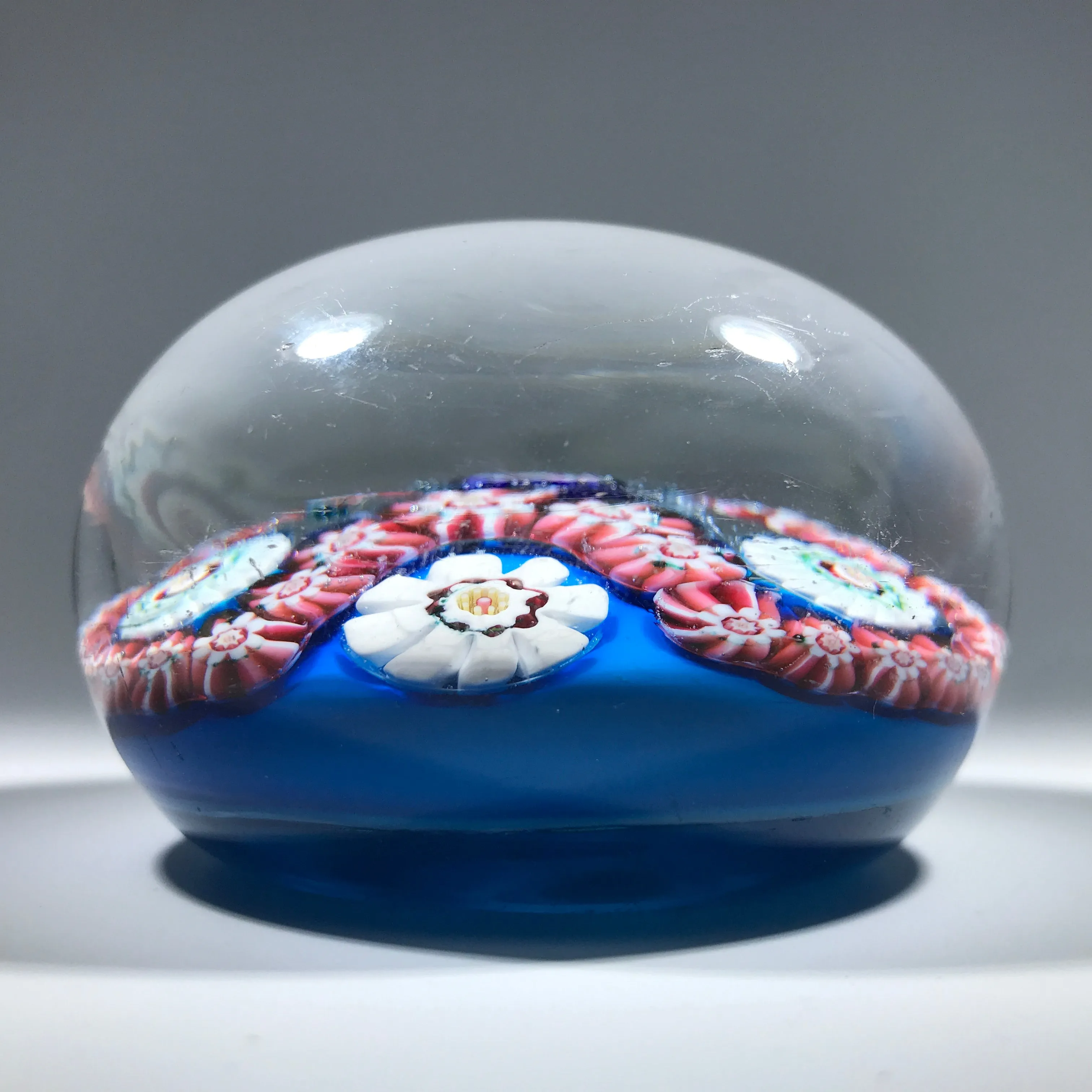Antique Clichy Art Glass Paperweight Trefoil Complex Millefiori Garland on Opaque Blue Ground