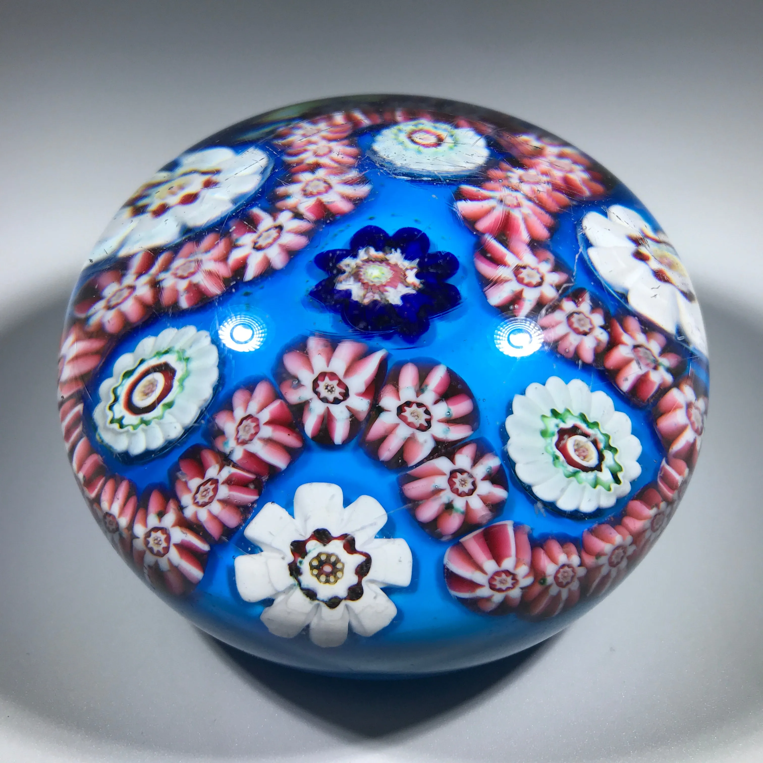 Antique Clichy Art Glass Paperweight Trefoil Complex Millefiori Garland on Opaque Blue Ground