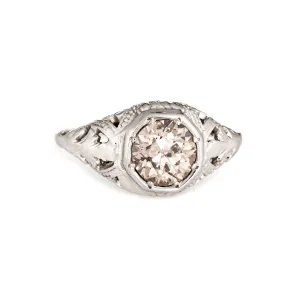 Antique Deco 0.95ct OEC Diamond Engagement Ring 18k White Gold Filigree Sz 3