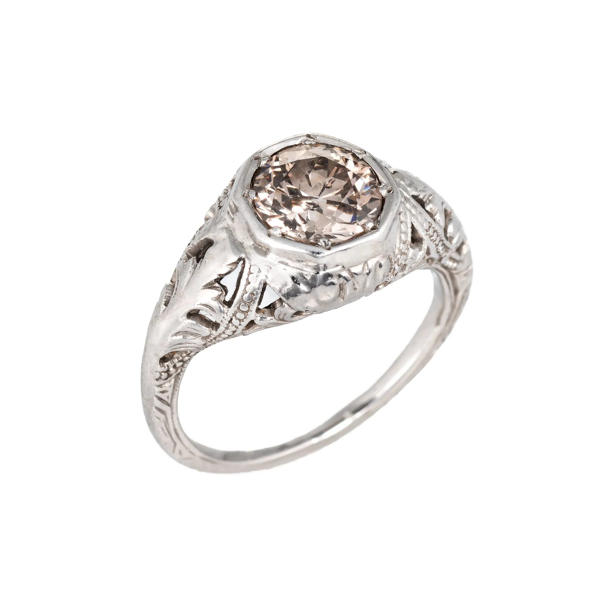 Antique Deco 0.95ct OEC Diamond Engagement Ring 18k White Gold Filigree Sz 3