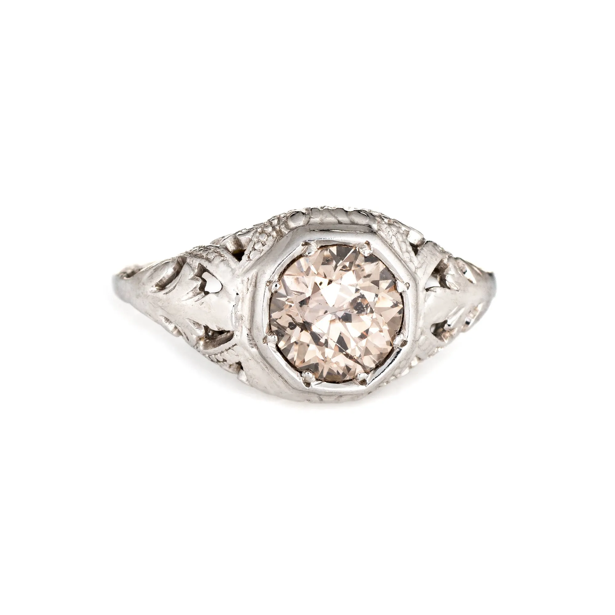 Antique Deco 0.95ct OEC Diamond Engagement Ring 18k White Gold Filigree Sz 3