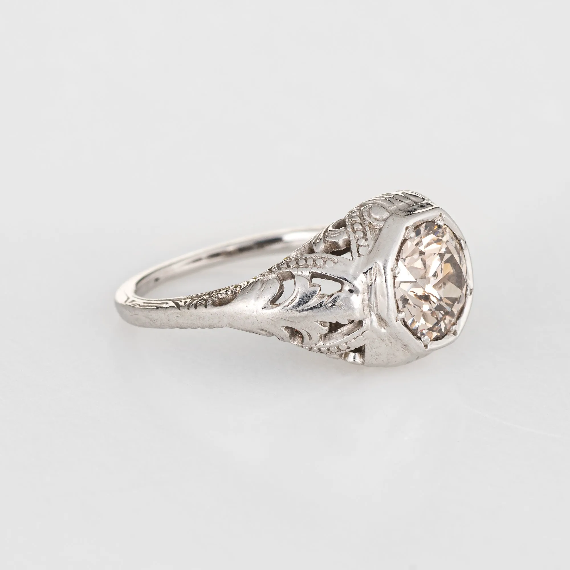 Antique Deco 0.95ct OEC Diamond Engagement Ring 18k White Gold Filigree Sz 3