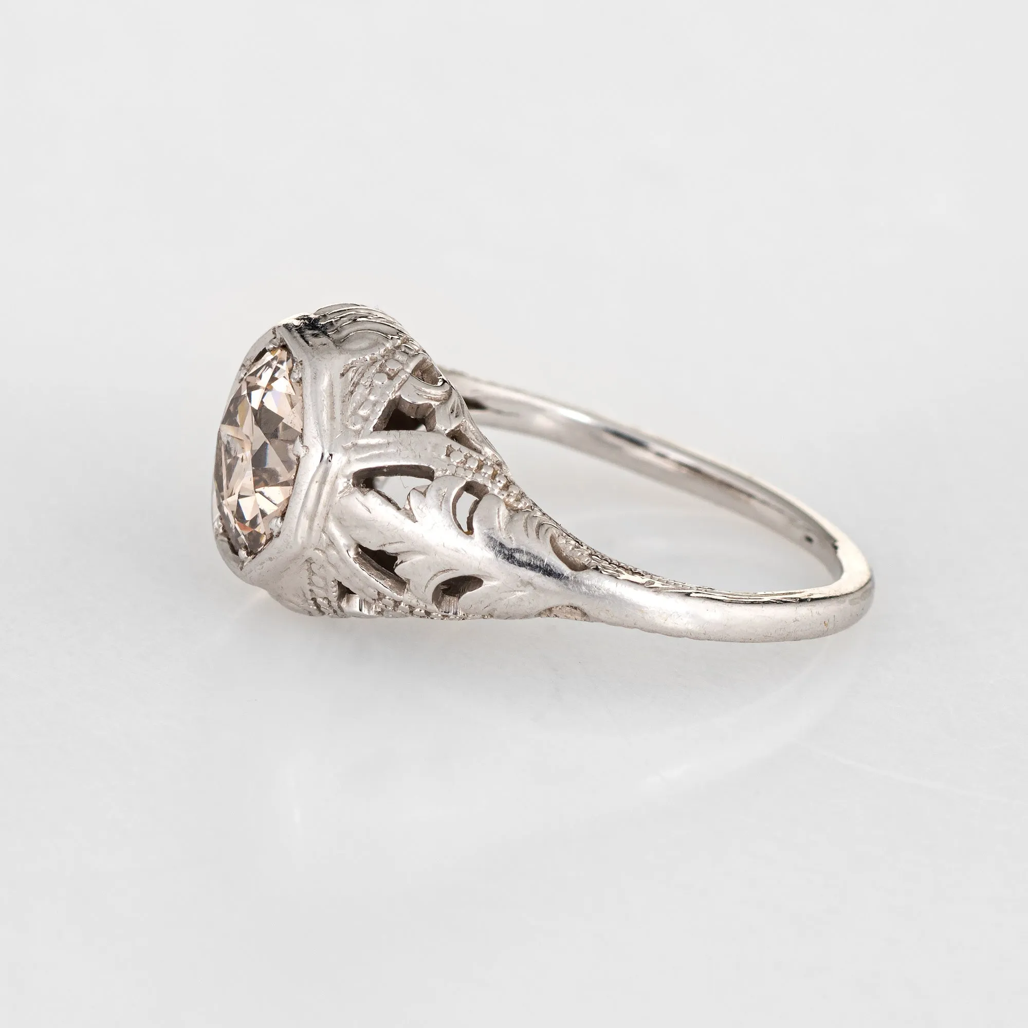 Antique Deco 0.95ct OEC Diamond Engagement Ring 18k White Gold Filigree Sz 3