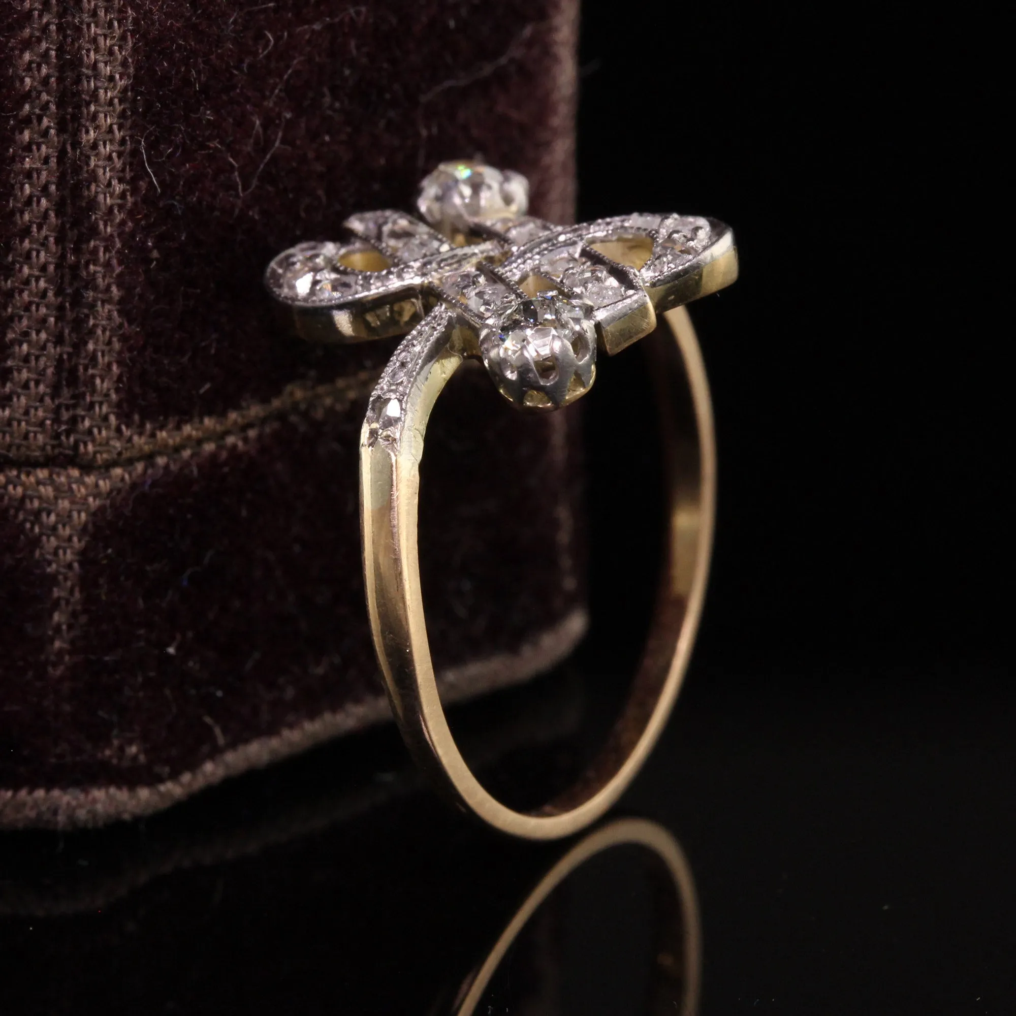 Antique Edwardian 18K Yellow Gold Platinum Top Old Mine Diamond Ring