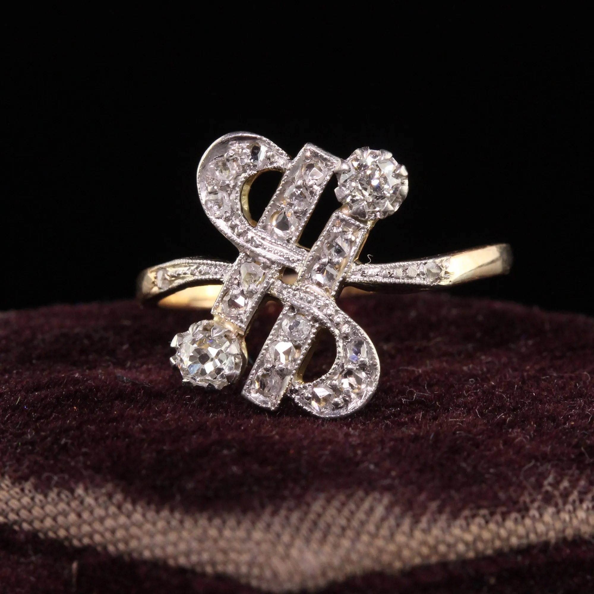 Antique Edwardian 18K Yellow Gold Platinum Top Old Mine Diamond Ring