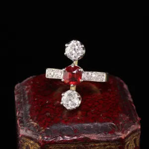 Antique Edwardian French 18K Yellow Gold Diamond and Ruby Three Stone Ring