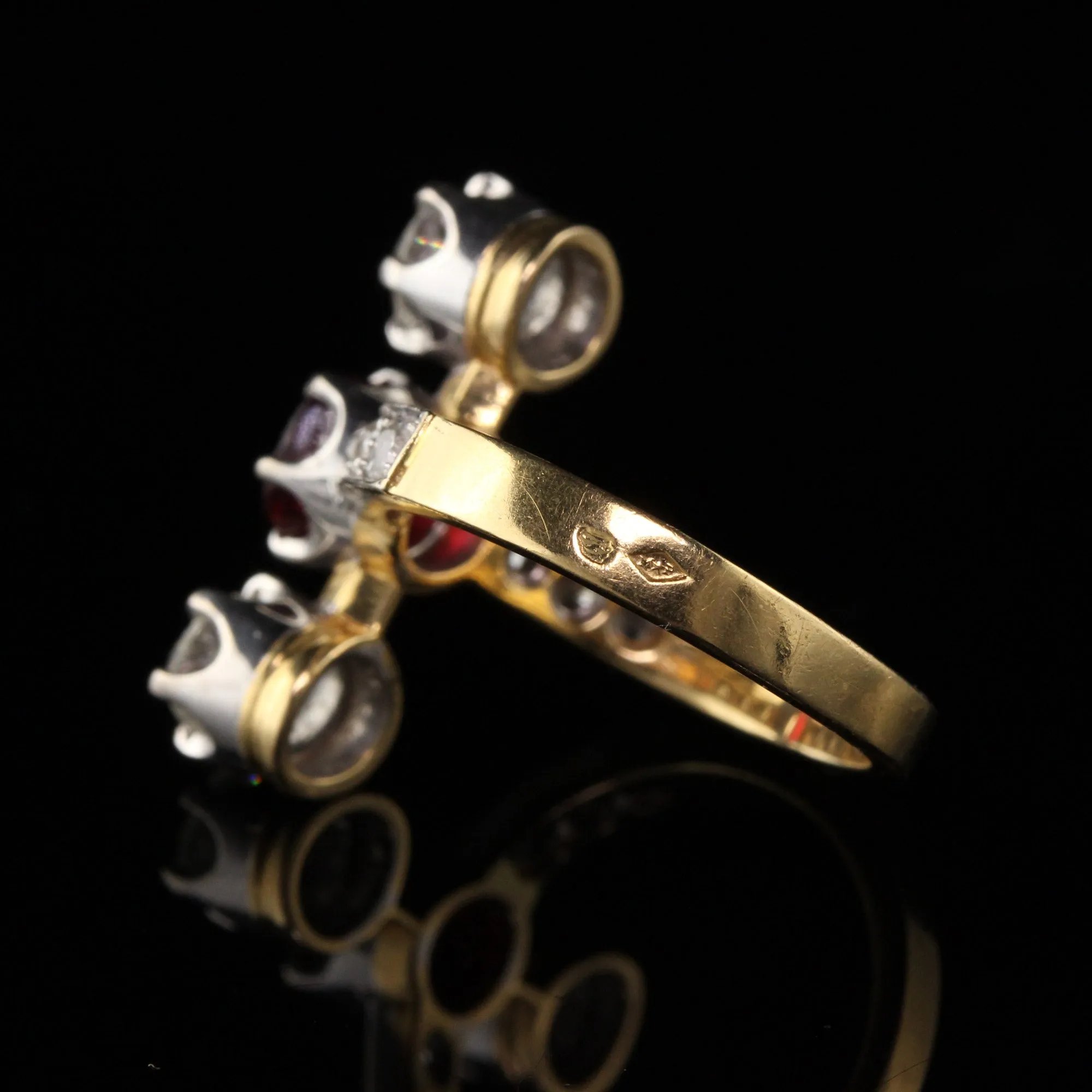 Antique Edwardian French 18K Yellow Gold Diamond and Ruby Three Stone Ring