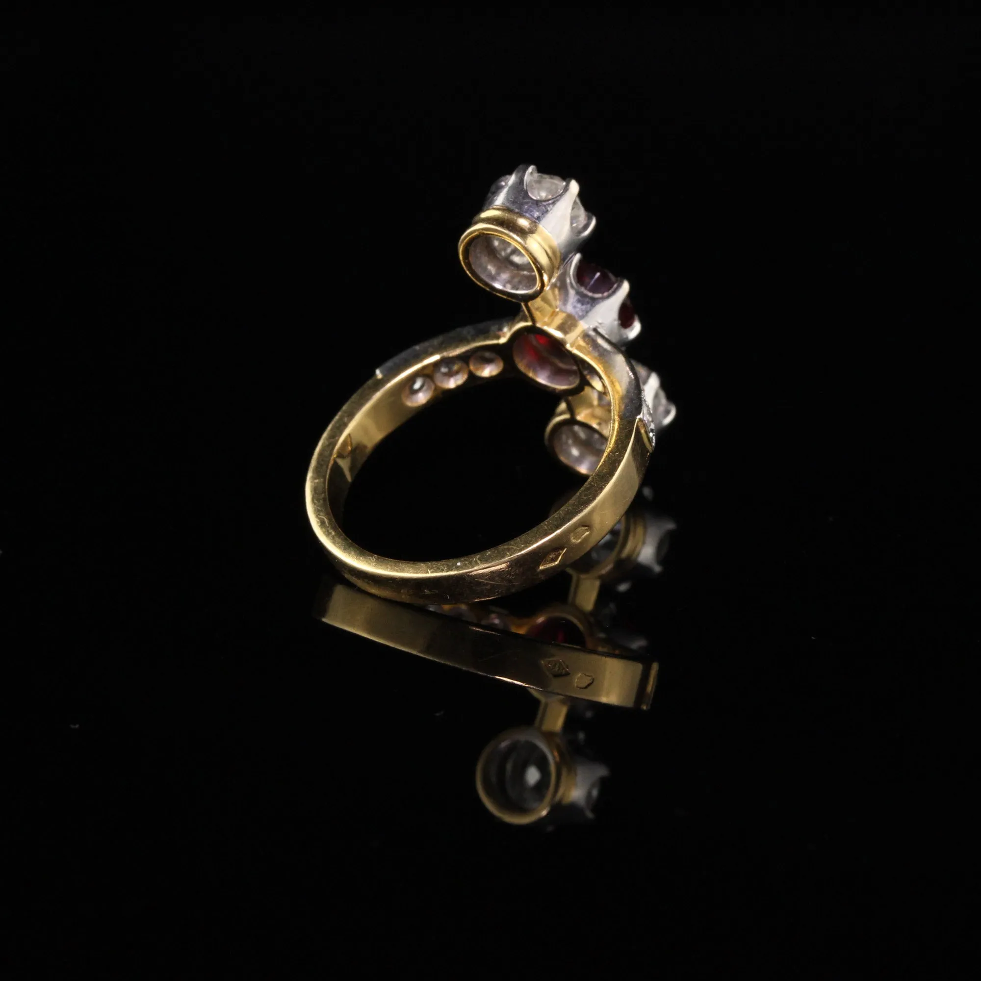 Antique Edwardian French 18K Yellow Gold Diamond and Ruby Three Stone Ring