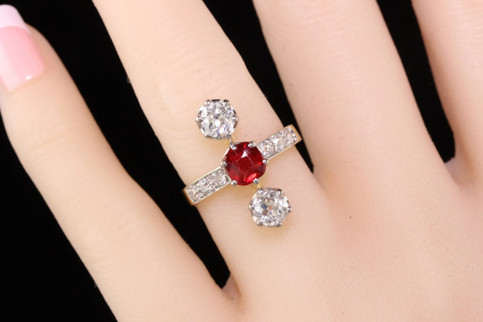 Antique Edwardian French 18K Yellow Gold Diamond and Ruby Three Stone Ring