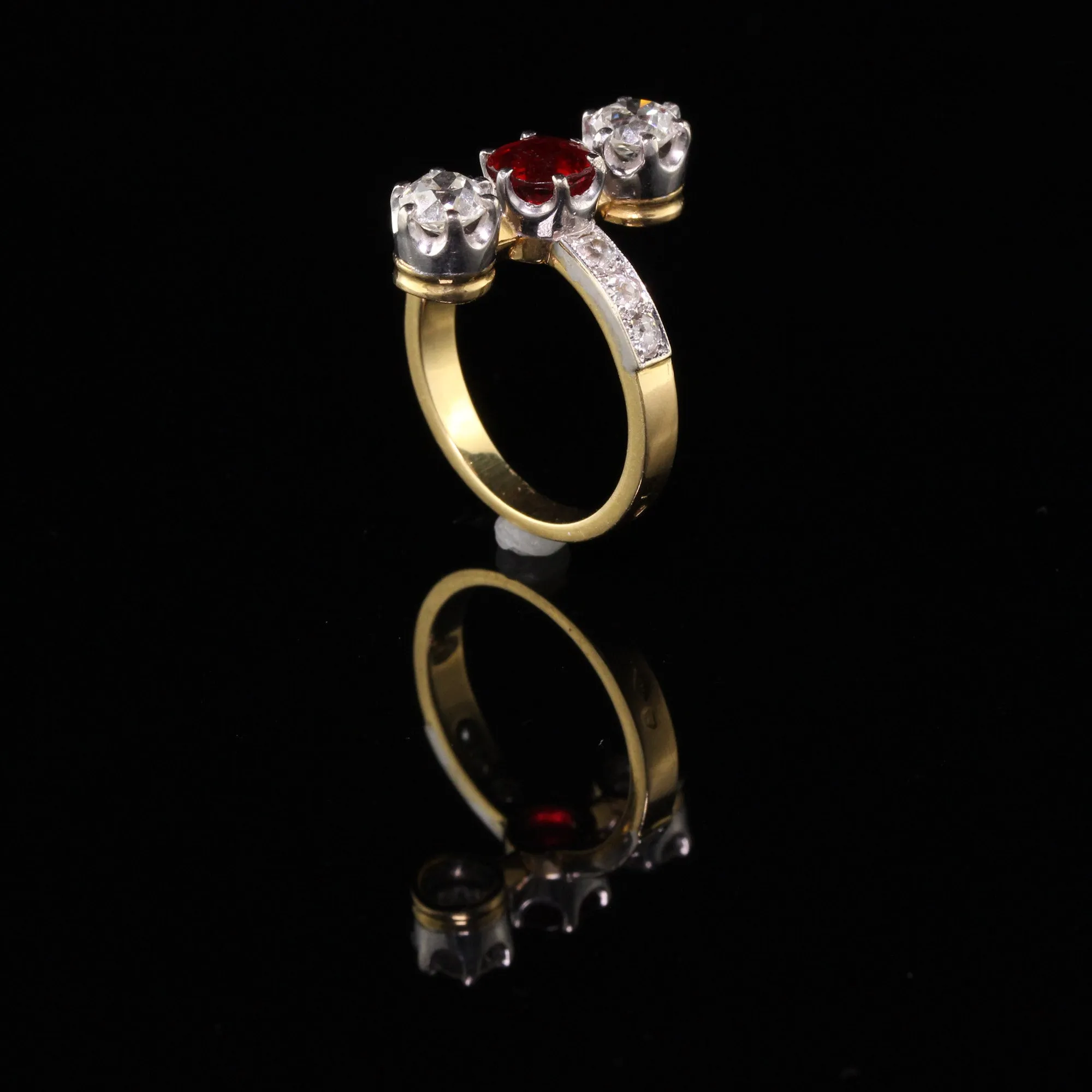 Antique Edwardian French 18K Yellow Gold Diamond and Ruby Three Stone Ring