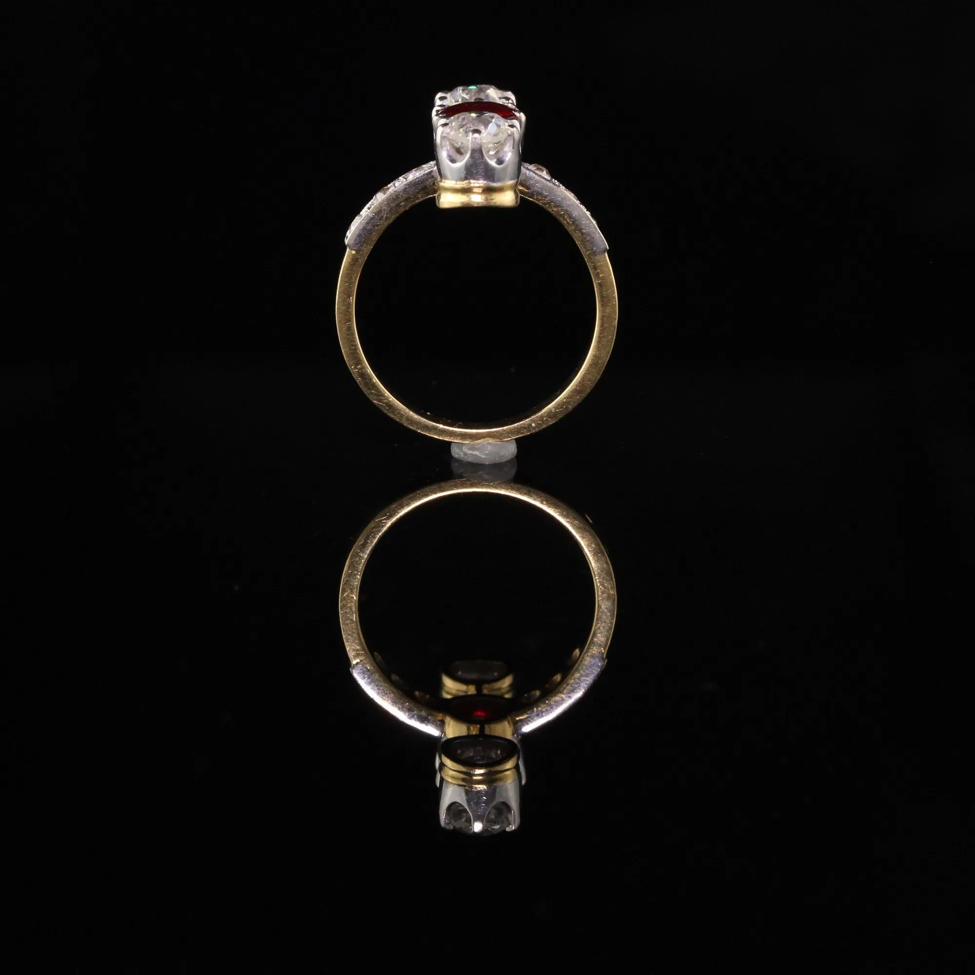 Antique Edwardian French 18K Yellow Gold Diamond and Ruby Three Stone Ring