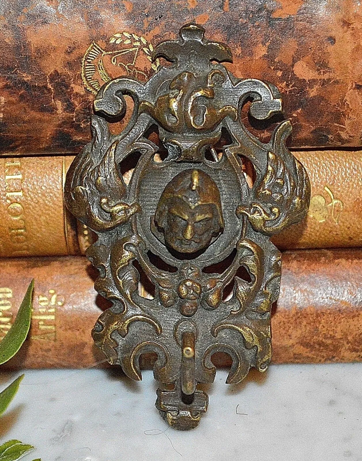 Antique French Brass Figural Knight Birds Pocket Watch Hook Holder