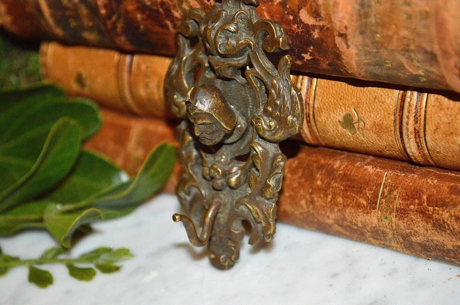 Antique French Brass Figural Knight Birds Pocket Watch Hook Holder