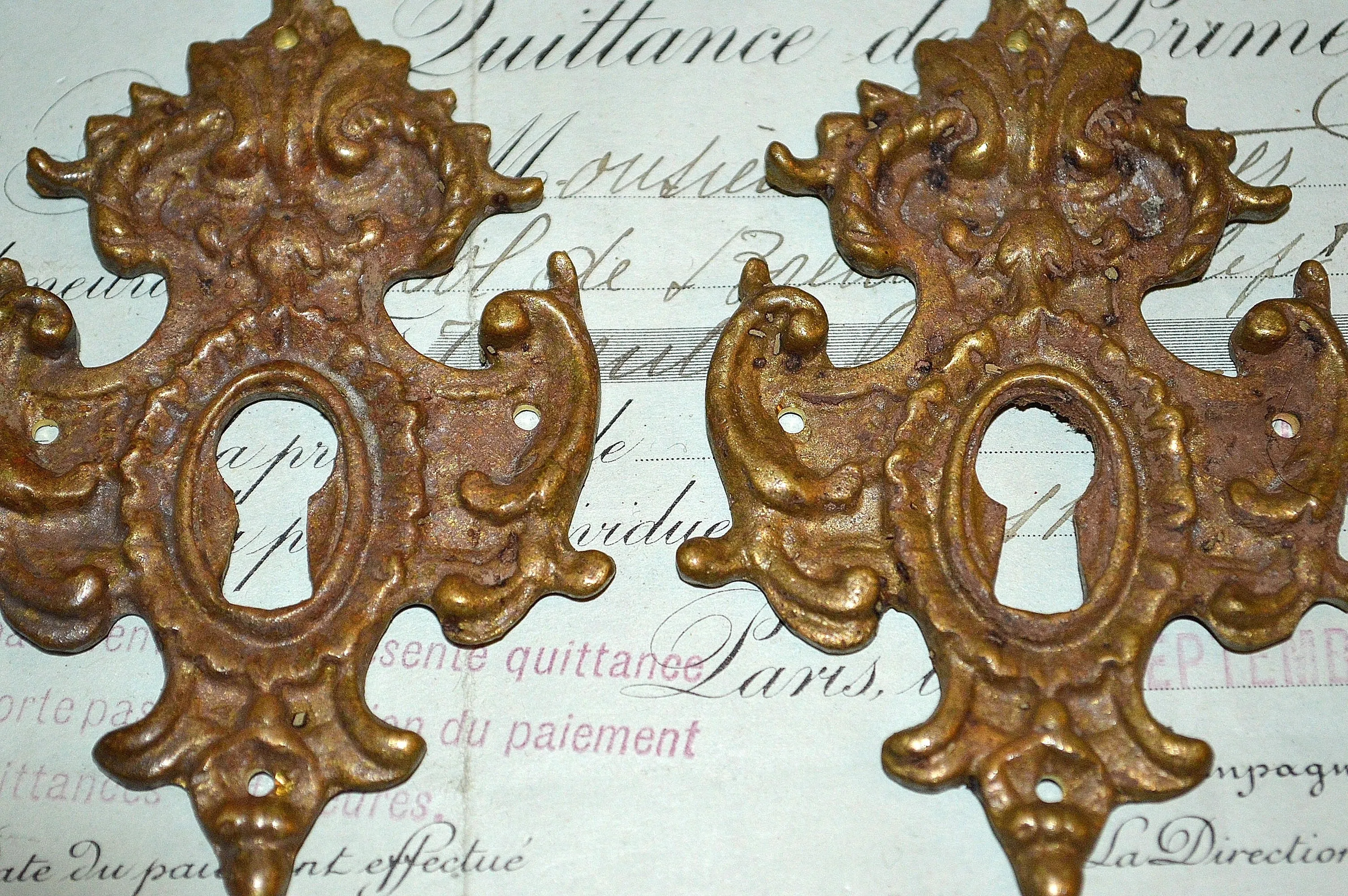 Antique French Bronze Furniture Escutcheon Ornate Keyhole 2 Available