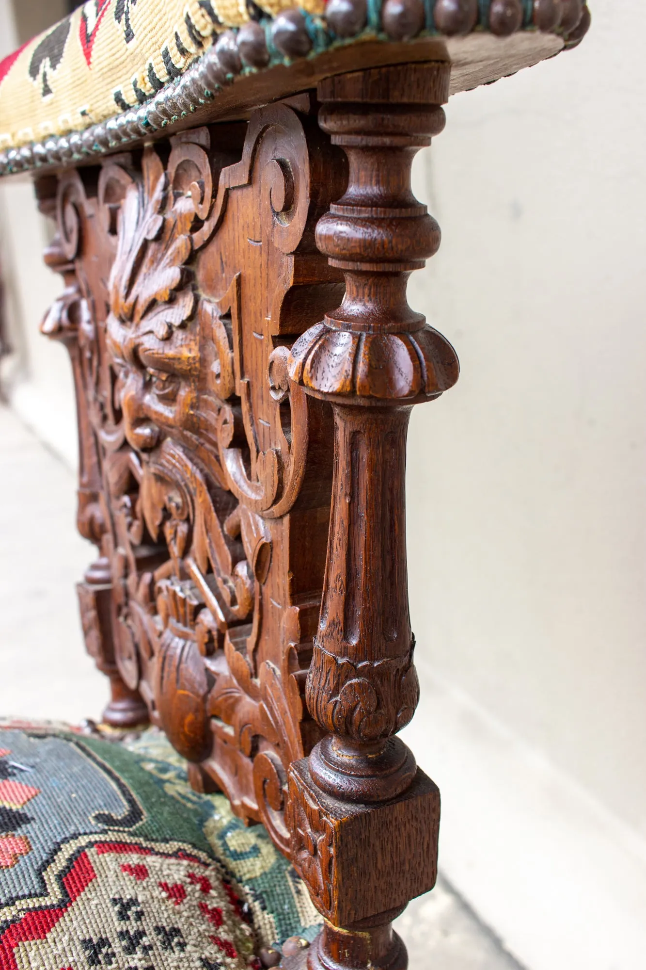 Antique French Carved Wood Smoking Chair with Embroidered Upholstery ca. 1900