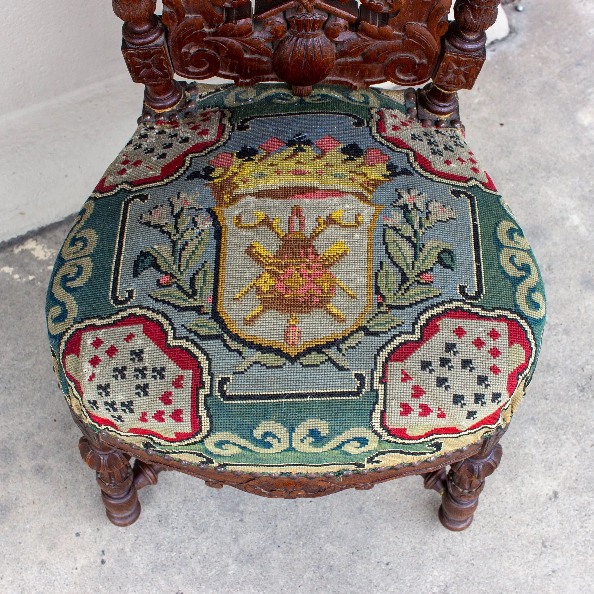 Antique French Carved Wood Smoking Chair with Embroidered Upholstery ca. 1900