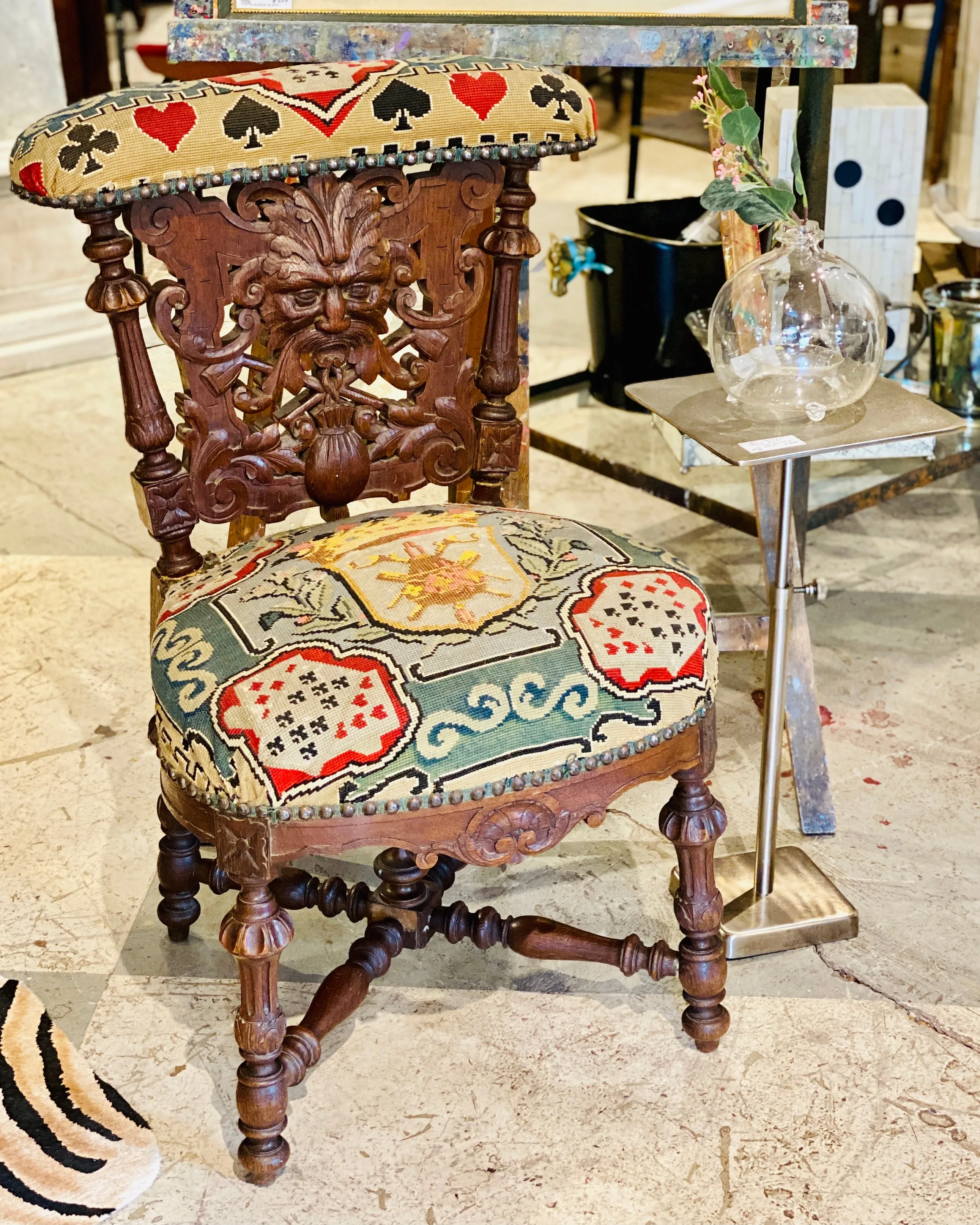 Antique French Carved Wood Smoking Chair with Embroidered Upholstery ca. 1900