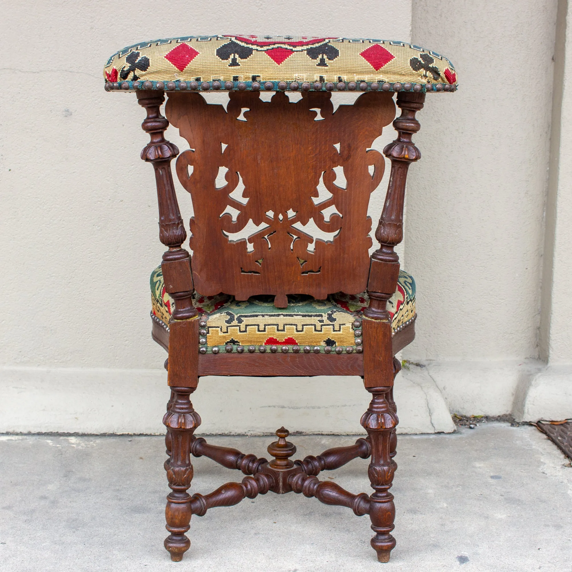 Antique French Carved Wood Smoking Chair with Embroidered Upholstery ca. 1900