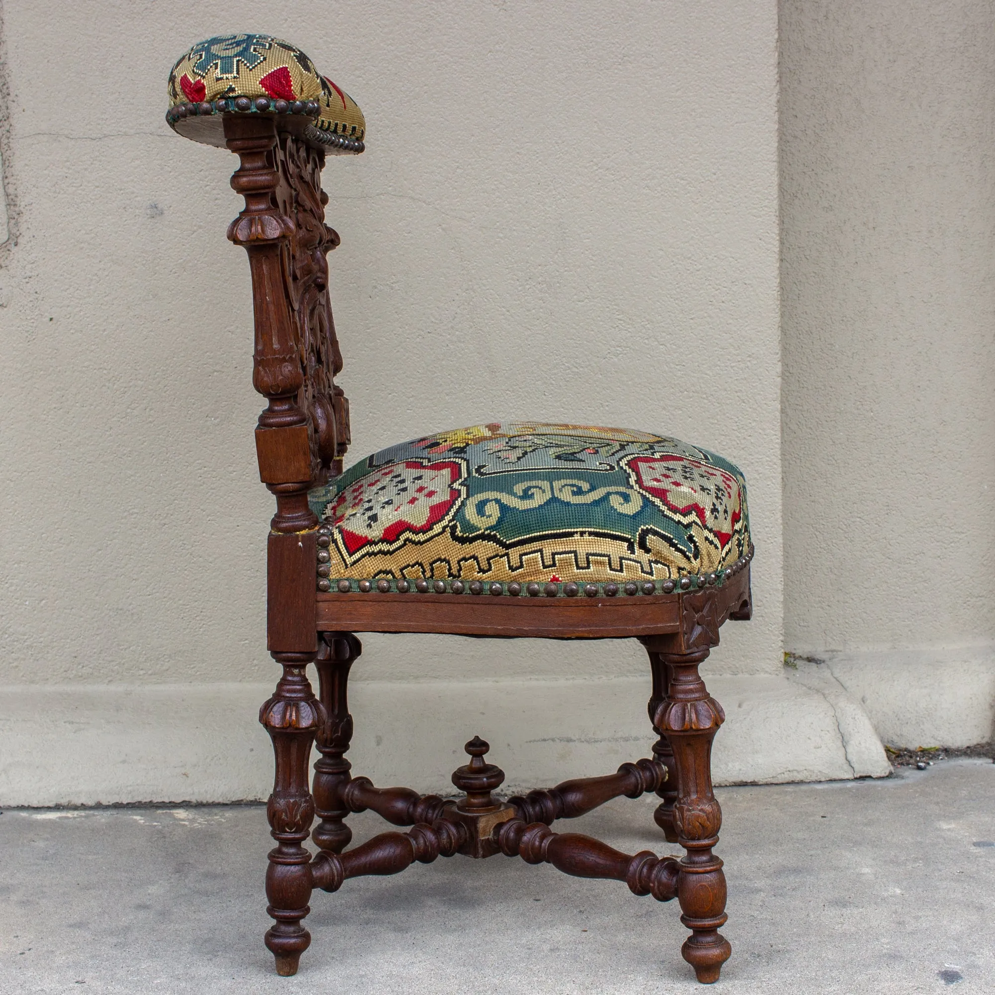 Antique French Carved Wood Smoking Chair with Embroidered Upholstery ca. 1900