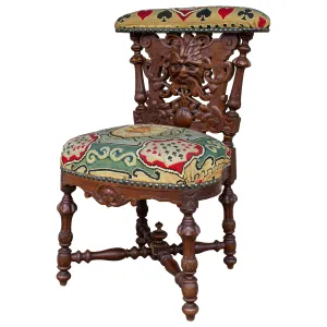 Antique French Carved Wood Smoking Chair with Embroidered Upholstery ca. 1900