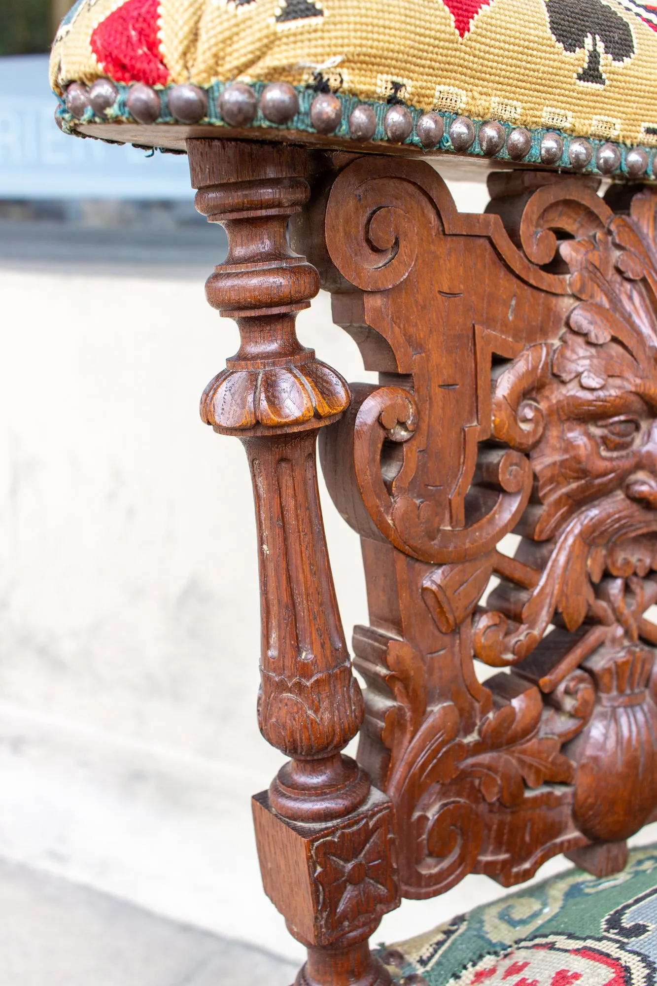 Antique French Carved Wood Smoking Chair with Embroidered Upholstery ca. 1900
