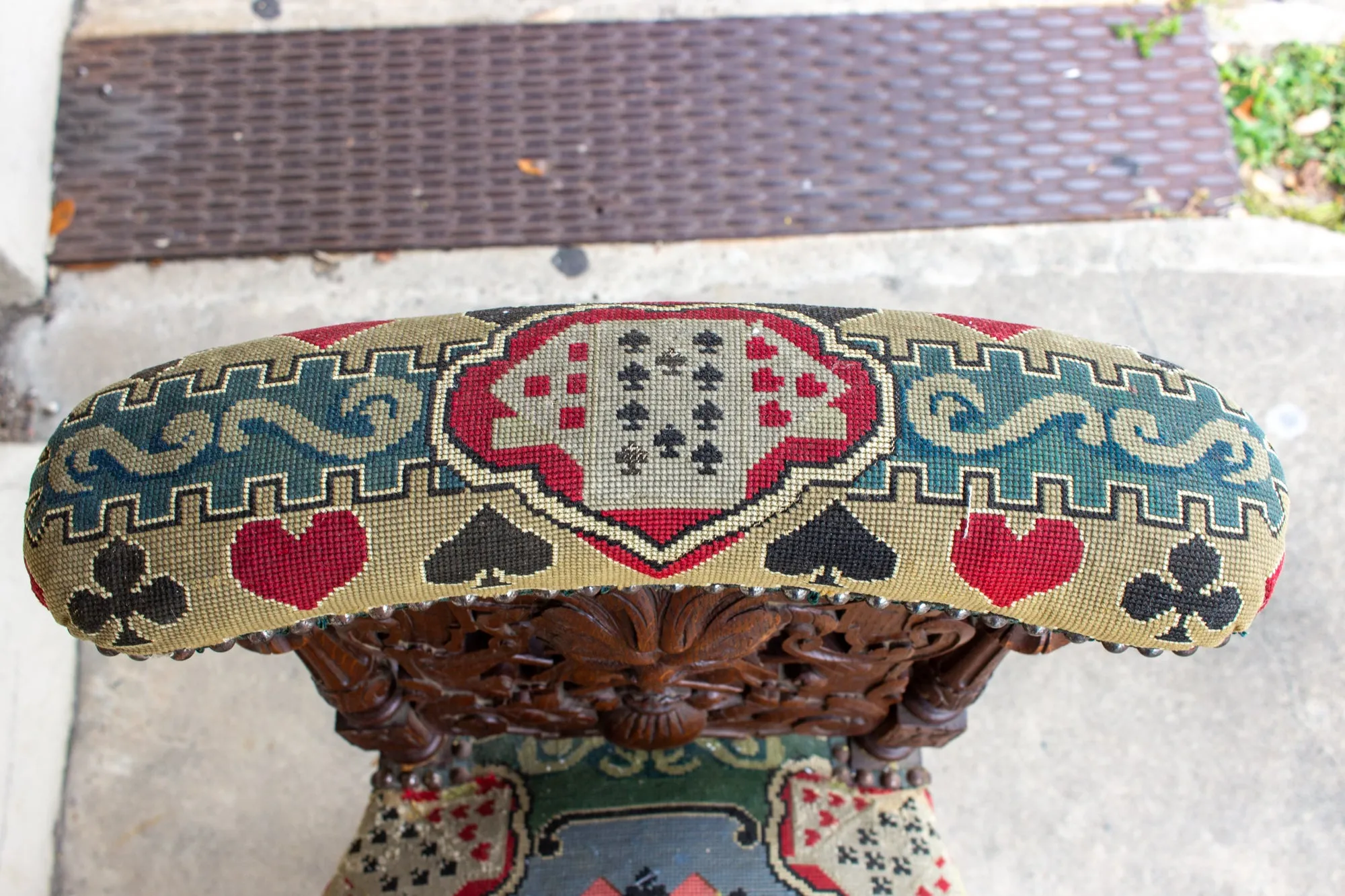 Antique French Carved Wood Smoking Chair with Embroidered Upholstery ca. 1900