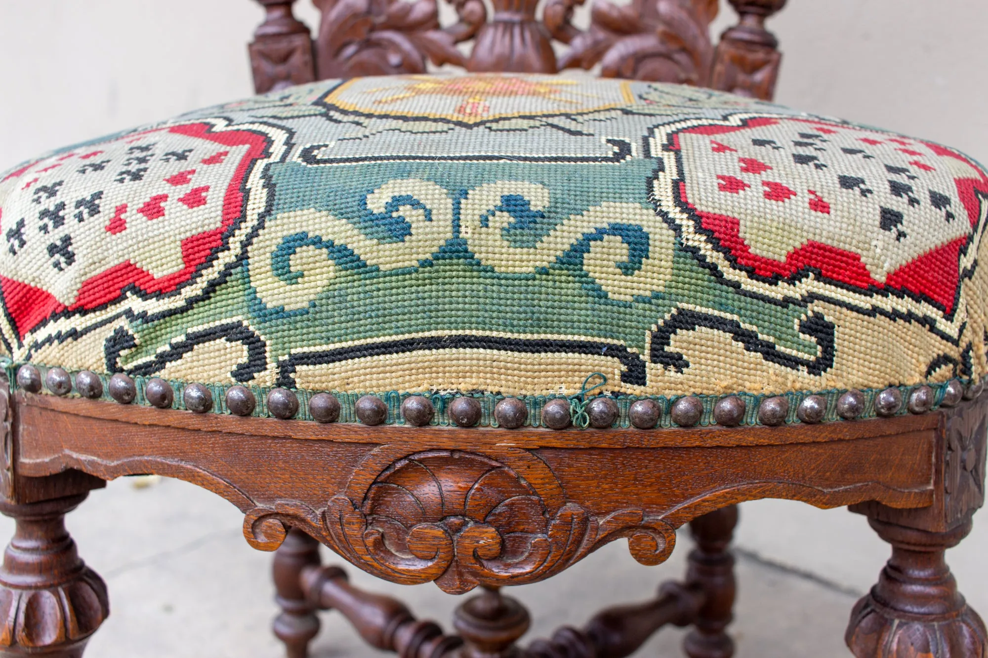 Antique French Carved Wood Smoking Chair with Embroidered Upholstery ca. 1900