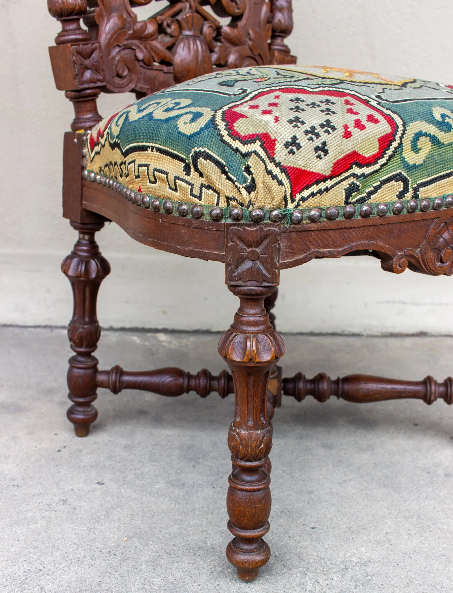 Antique French Carved Wood Smoking Chair with Embroidered Upholstery ca. 1900