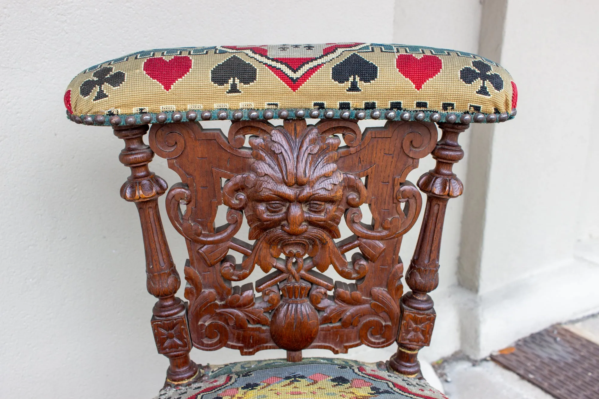 Antique French Carved Wood Smoking Chair with Embroidered Upholstery ca. 1900