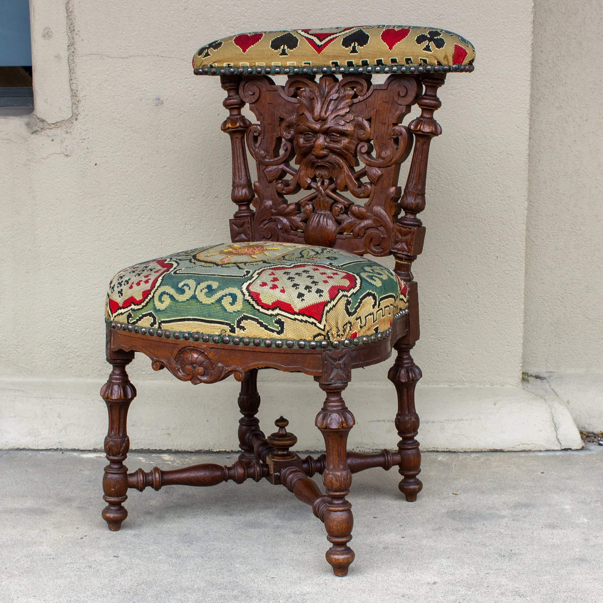 Antique French Carved Wood Smoking Chair with Embroidered Upholstery ca. 1900