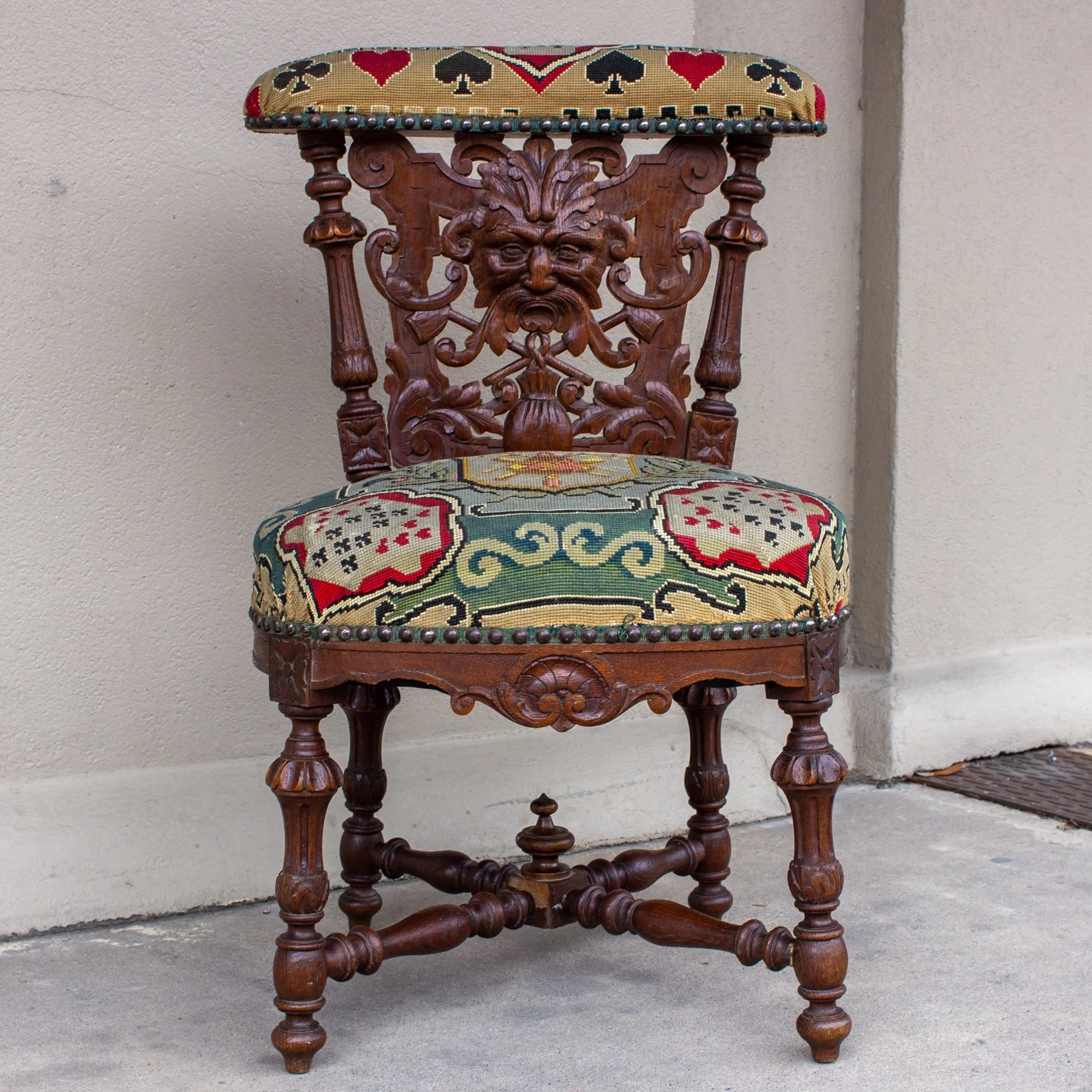 Antique French Carved Wood Smoking Chair with Embroidered Upholstery ca. 1900