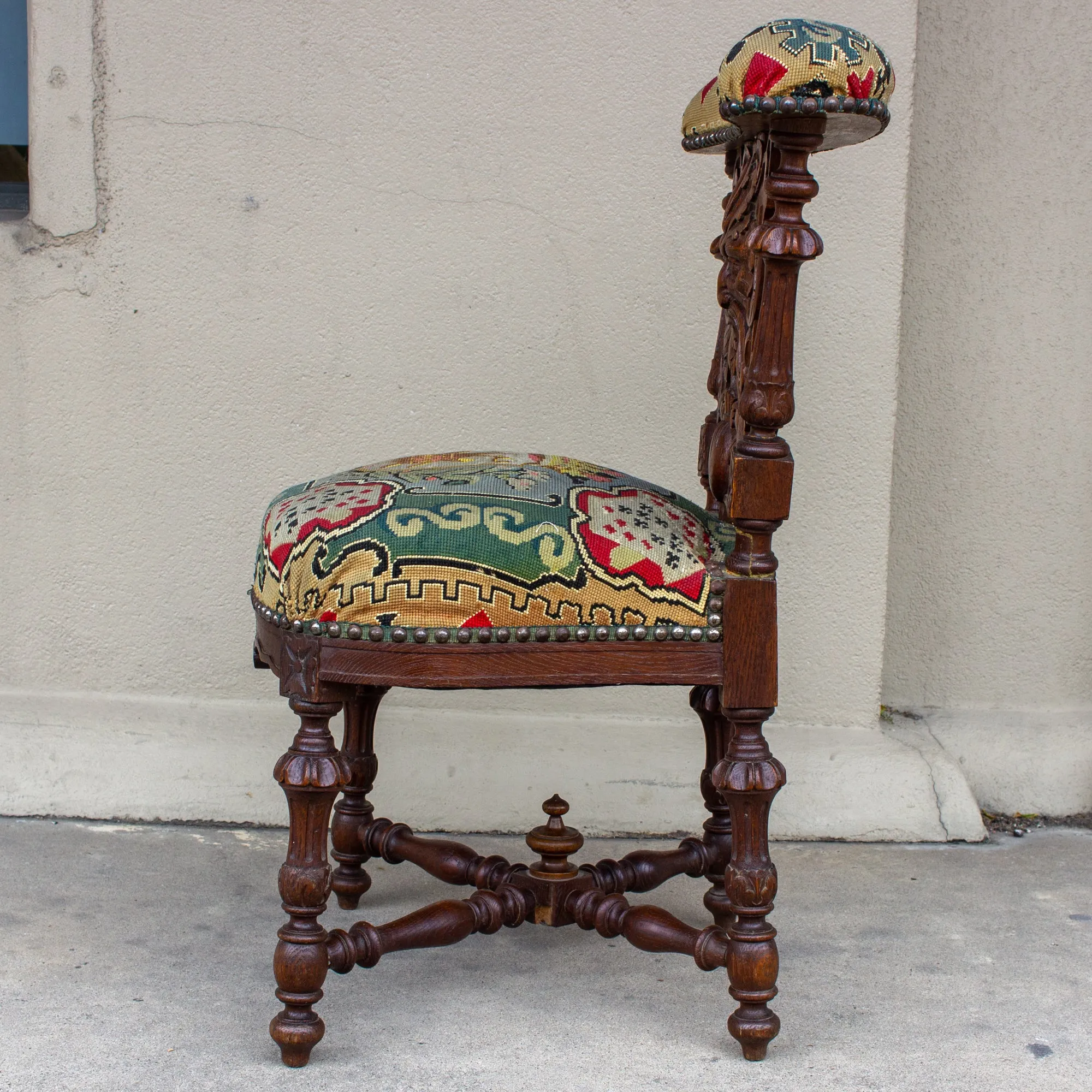 Antique French Carved Wood Smoking Chair with Embroidered Upholstery ca. 1900