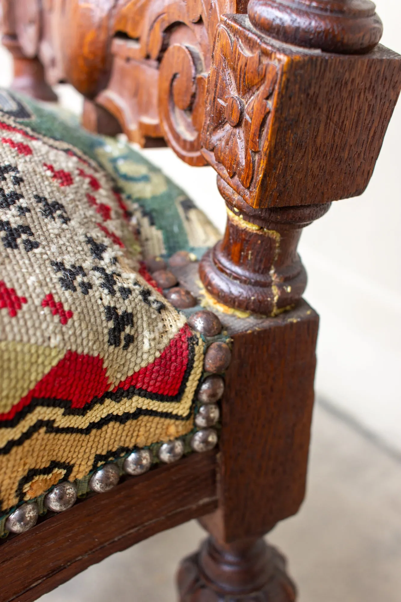 Antique French Carved Wood Smoking Chair with Embroidered Upholstery ca. 1900