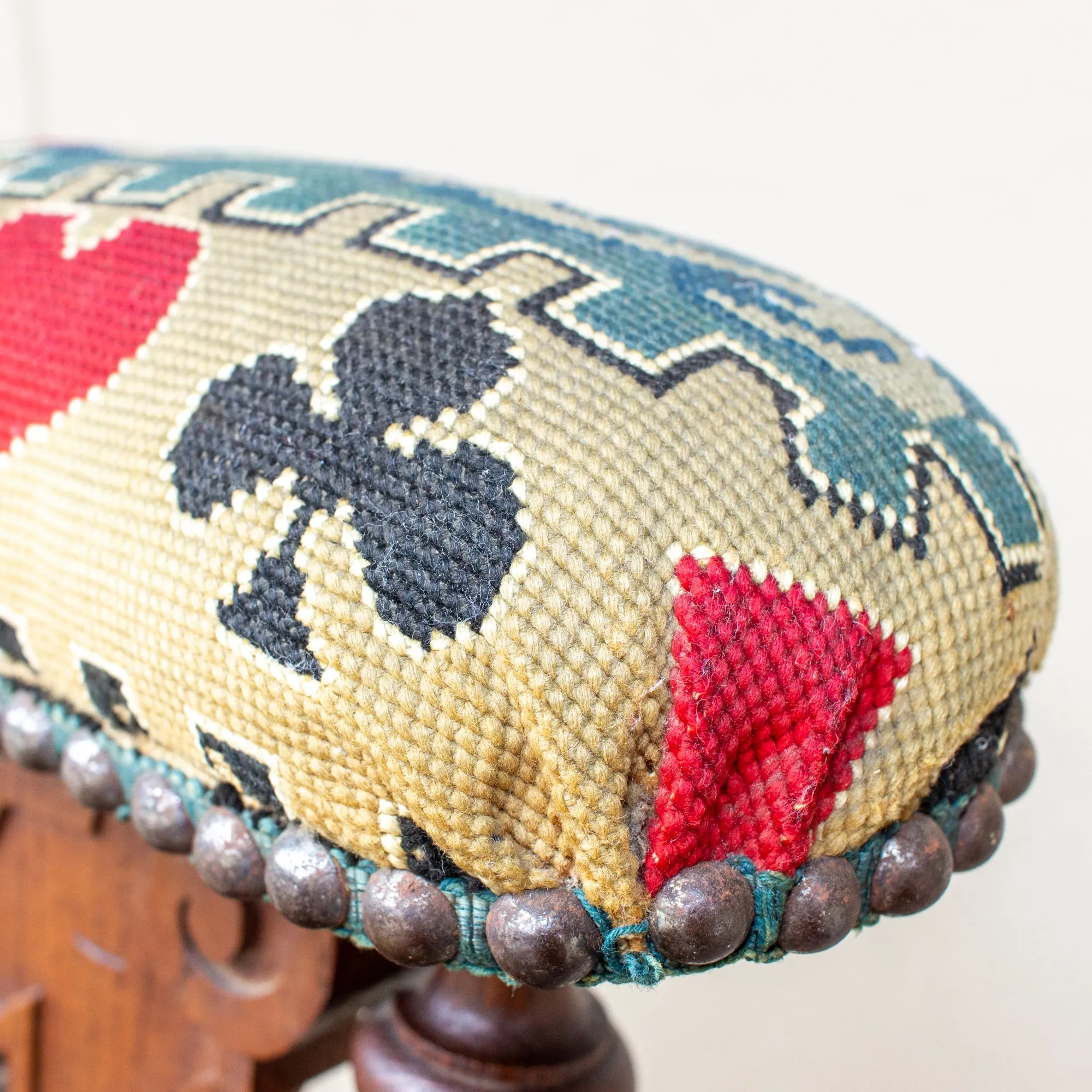 Antique French Carved Wood Smoking Chair with Embroidered Upholstery ca. 1900