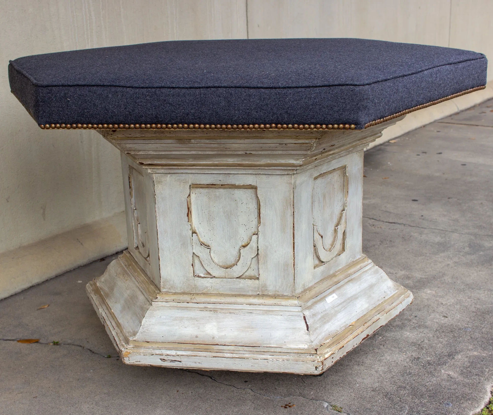 Antique French Ecclesial Hexagonal-Shaped Ottoman with Gray Wool Upholstery