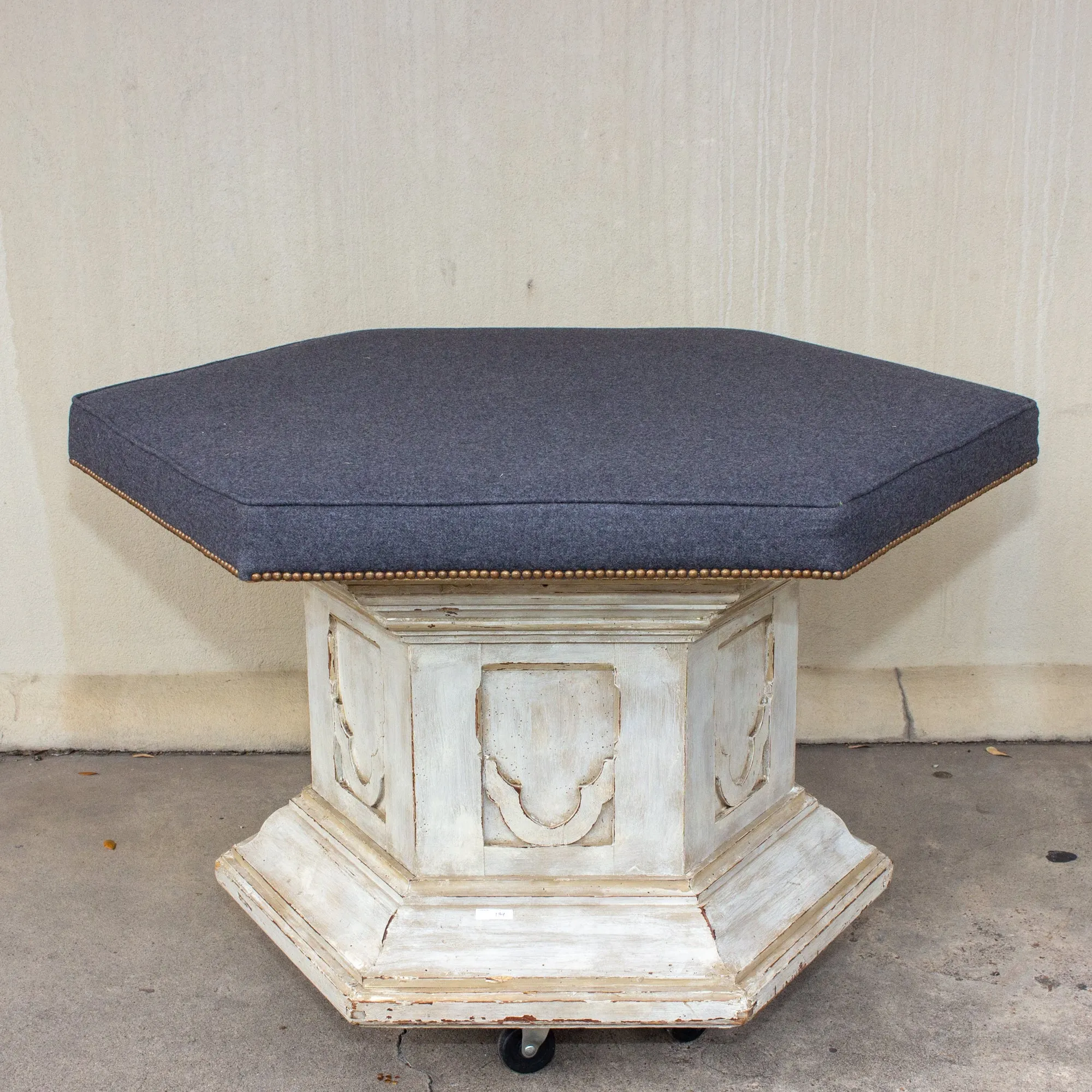 Antique French Ecclesial Hexagonal-Shaped Ottoman with Gray Wool Upholstery