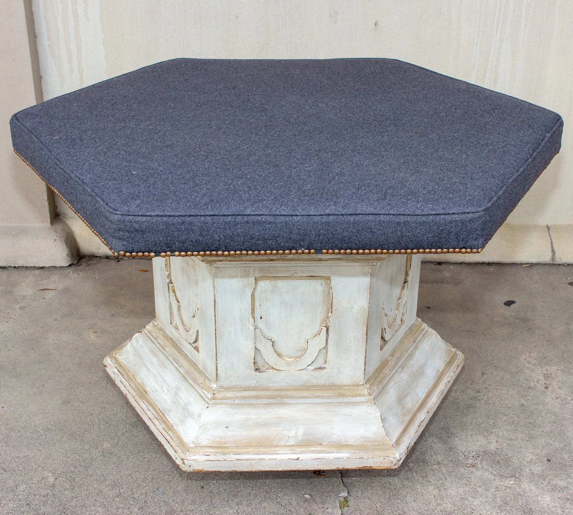 Antique French Ecclesial Hexagonal-Shaped Ottoman with Gray Wool Upholstery