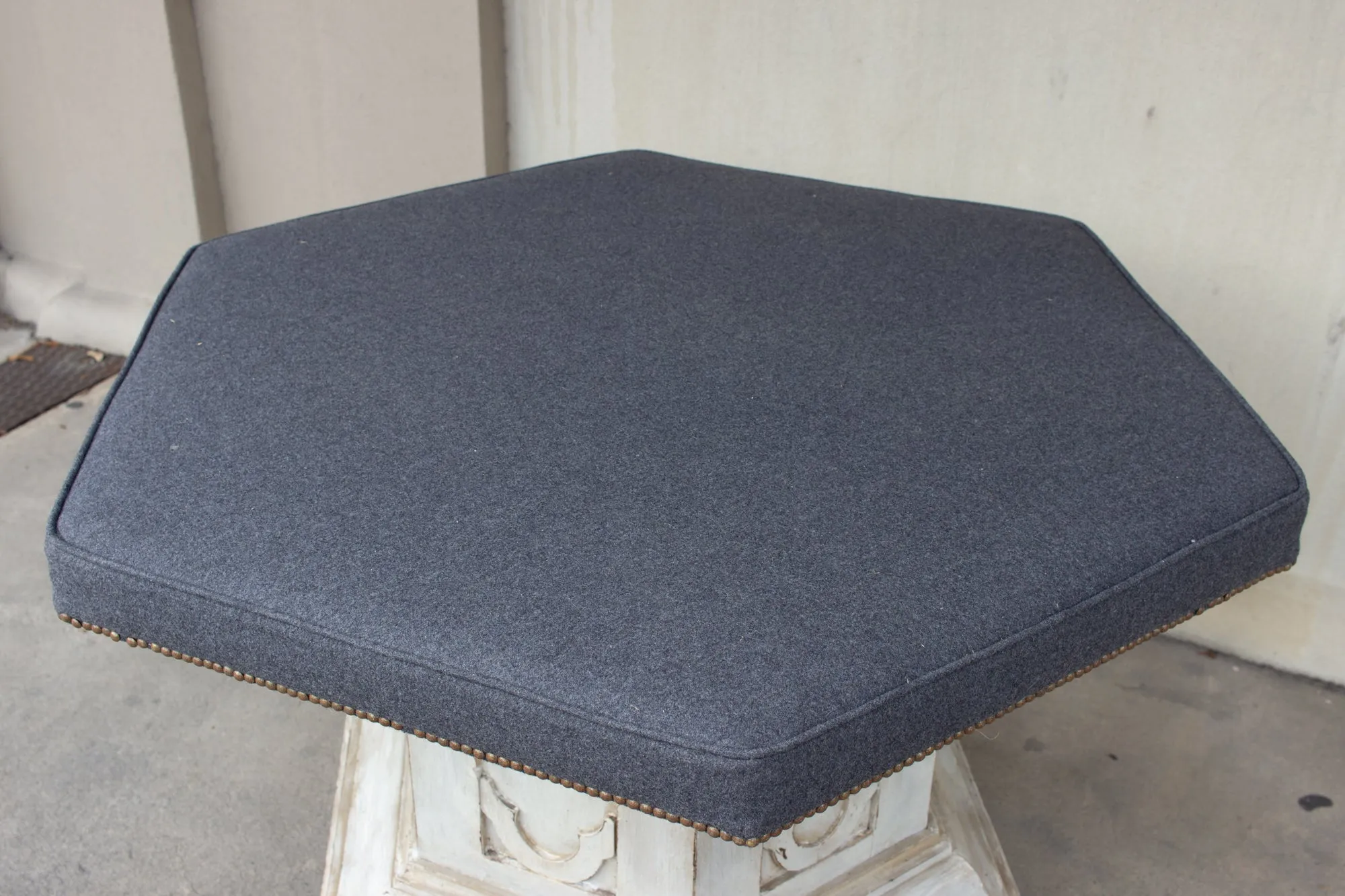 Antique French Ecclesial Hexagonal-Shaped Ottoman with Gray Wool Upholstery