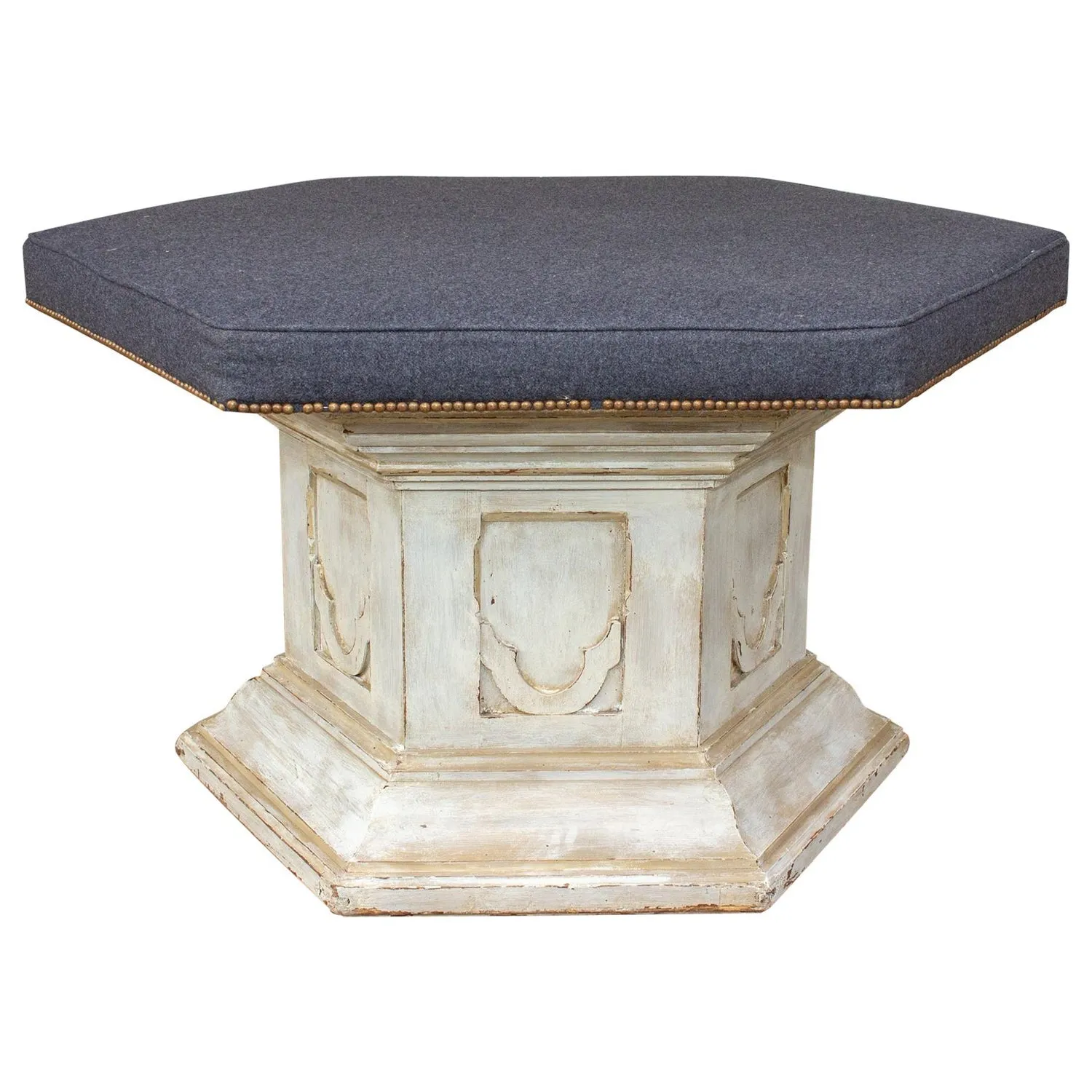 Antique French Ecclesial Hexagonal-Shaped Ottoman with Gray Wool Upholstery