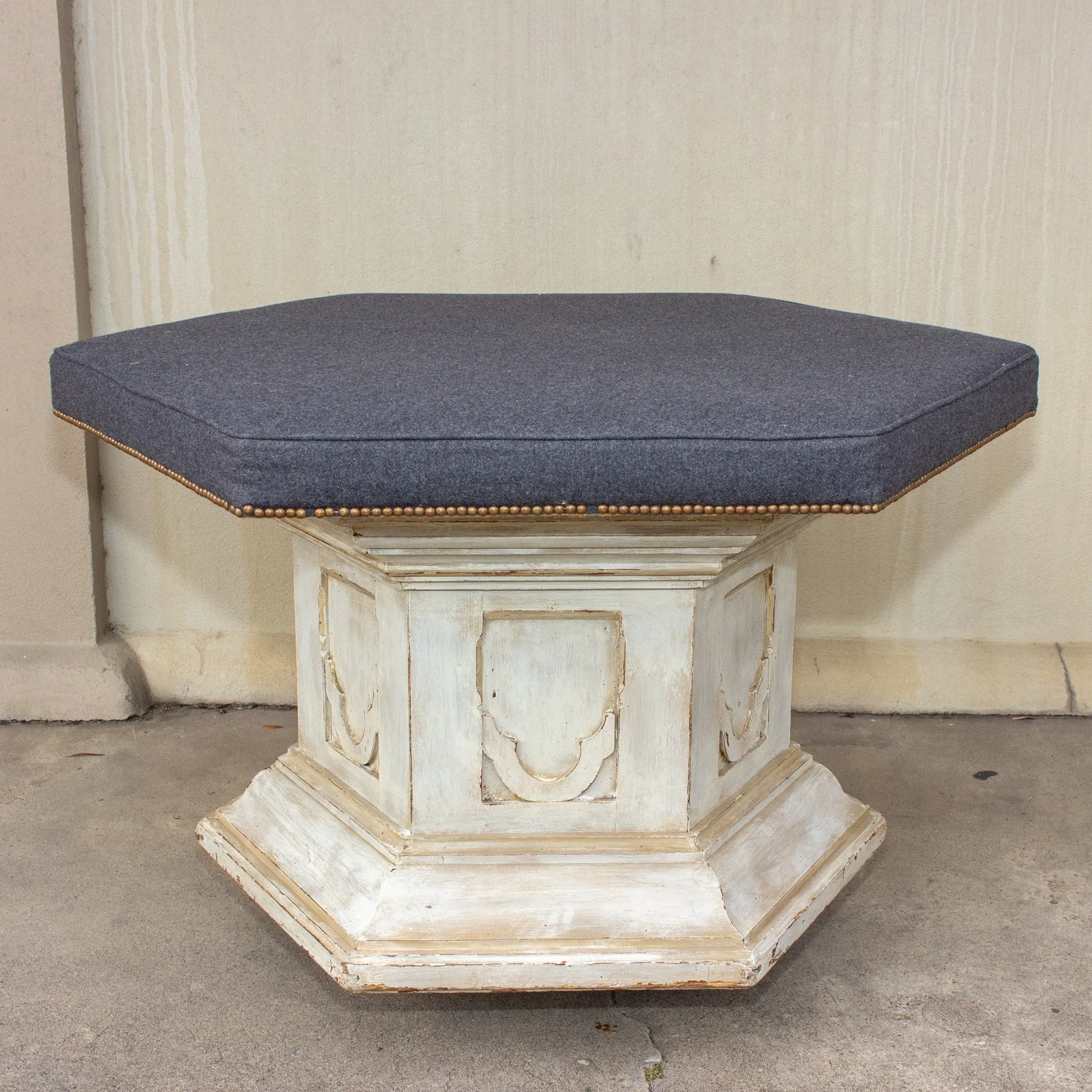 Antique French Ecclesial Hexagonal-Shaped Ottoman with Gray Wool Upholstery
