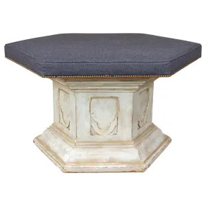 Antique French Ecclesial Hexagonal-Shaped Ottoman with Gray Wool Upholstery